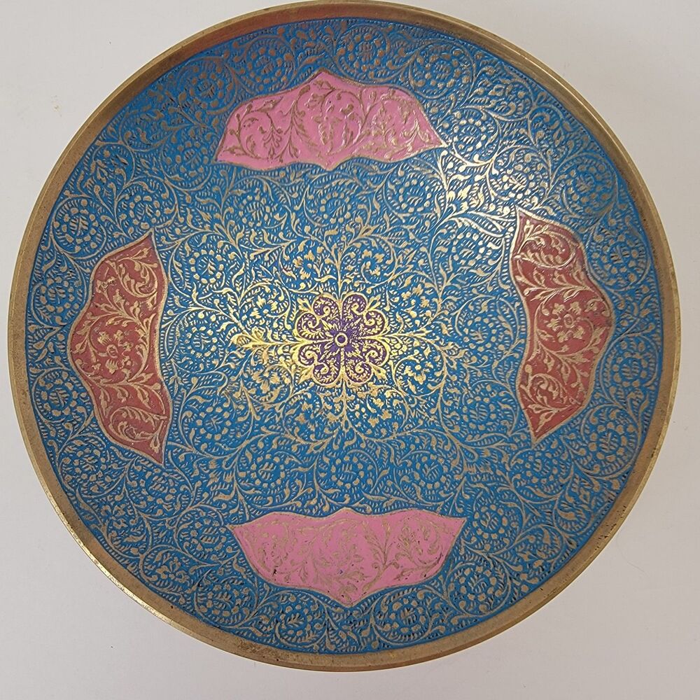 Solid Brass Etched Enamel Colorful Hand Painted Floral Pedestal Bowl Dish 7.5"